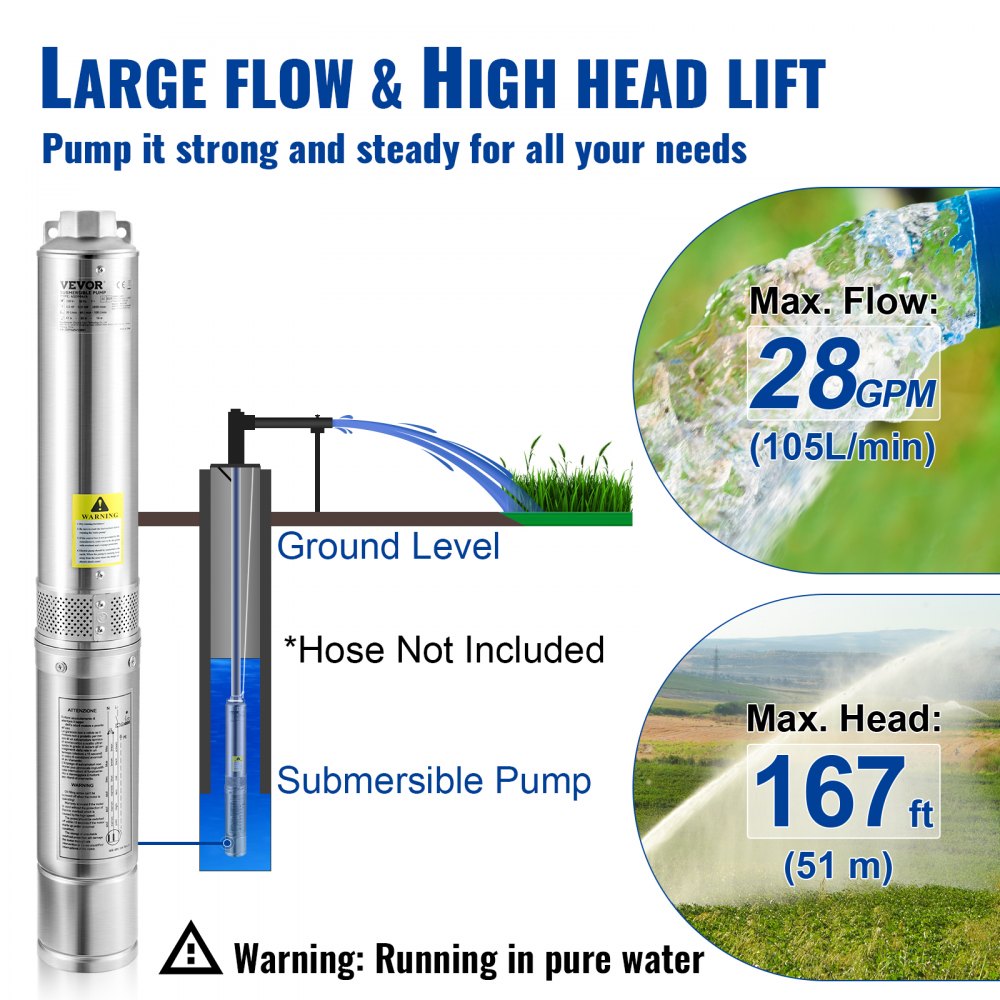 AMITOOLS Deep Well Submersible Pump, 0.5HP 230V/60Hz, 28gpm 167ft Head, with 33ft Electric Cord, 4