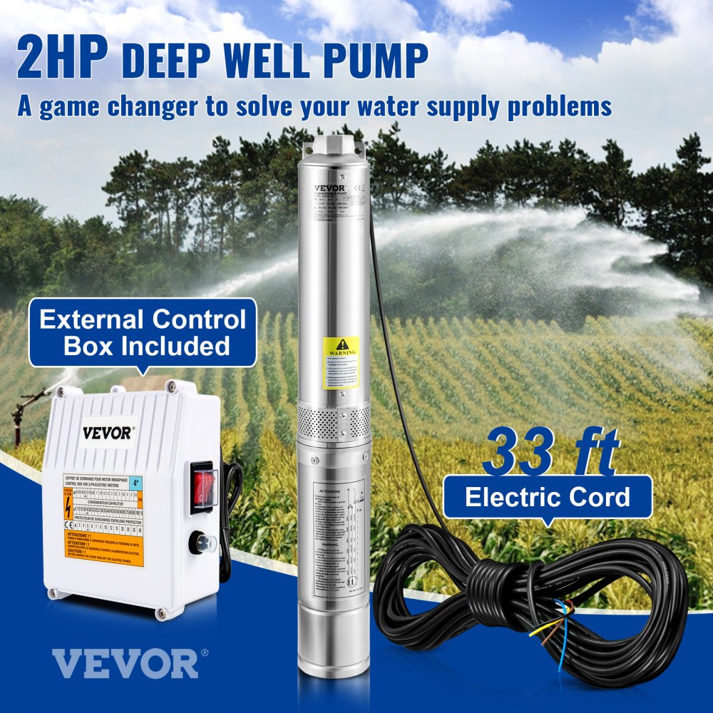 AMITOOLS Deep Well Submersible Pump, 2HP 230V/60Hz, 37GPM 427 ft Head, with 33 ft Cord & External Control Box, 4 inch Stainless Steel Water Pumps for Industrial, Irrigation and Home Use, IP68 Waterproof