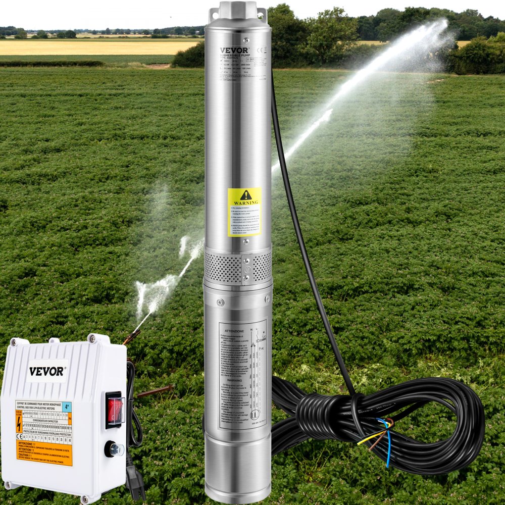 AMITOOLS Deep Well Submersible Pump, 2HP 230V/60Hz, 37GPM 427 ft Head, with 33 ft Cord & External Control Box, 4 inch Stainless Steel Water Pumps for Industrial, Irrigation and Home Use, IP68 Waterproof