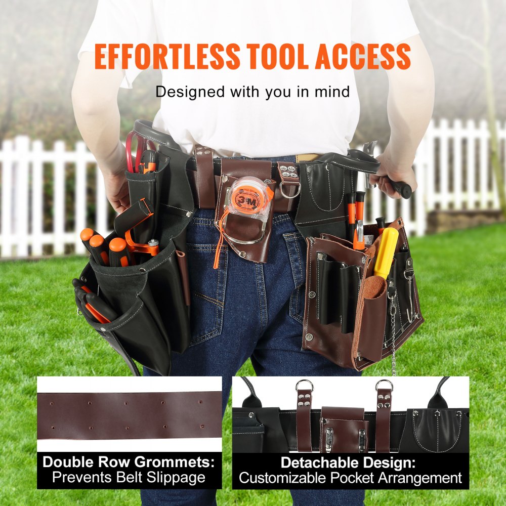 AMITOOLS Tool Belt, 31 Pockets, Adjusts 32 Inches to 54 Inches, Leather Heavy Duty Tool Pouch Bag, Detachable Tool Bag for Electrician, Carpenter, Handyman, Woodworker, Construction, Black/Brown