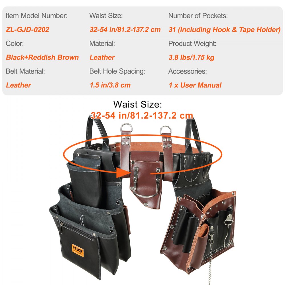 AMITOOLS Tool Belt, 31 Pockets, Adjusts 32 Inches to 54 Inches, Leather Heavy Duty Tool Pouch Bag, Detachable Tool Bag for Electrician, Carpenter, Handyman, Woodworker, Construction, Black/Brown