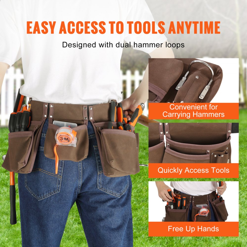 AMITOOLS 13 Pockets Tool Belt, Adjusts from 29 Inches to 54 Inches, Leather Heavy Duty Tool Pouch Bag with Dual Hammer Loops, Tool Bag for Electrician, Carpenter, Handyman, Construction, Framer, Brown