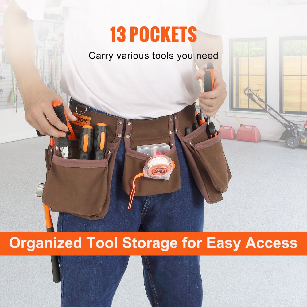 AMITOOLS 13 Pockets Tool Belt, Adjusts from 29 Inches to 54 Inches, Leather Heavy Duty Tool Pouch Bag with Dual Hammer Loops, Tool Bag for Electrician, Carpenter, Handyman, Construction, Framer, Brown