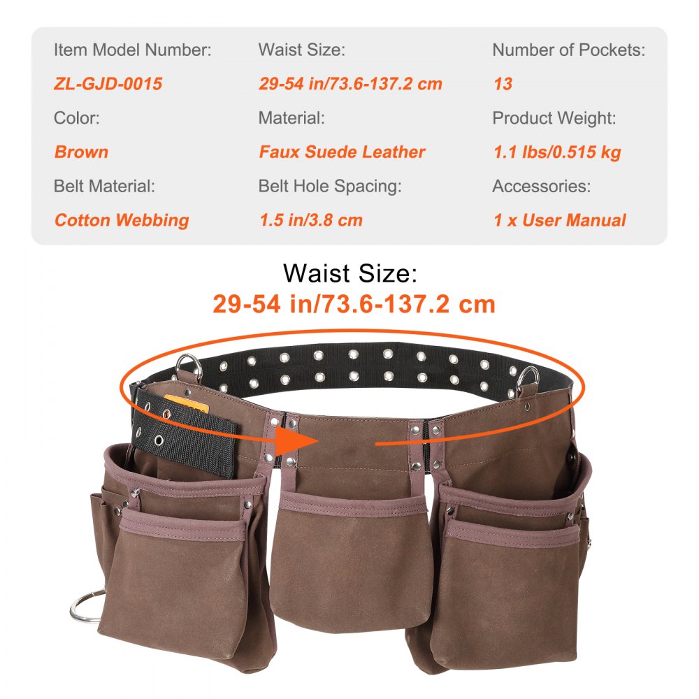 AMITOOLS 13 Pockets Tool Belt, Adjusts from 29 Inches to 54 Inches, Leather Heavy Duty Tool Pouch Bag with Dual Hammer Loops, Tool Bag for Electrician, Carpenter, Handyman, Construction, Framer, Brown