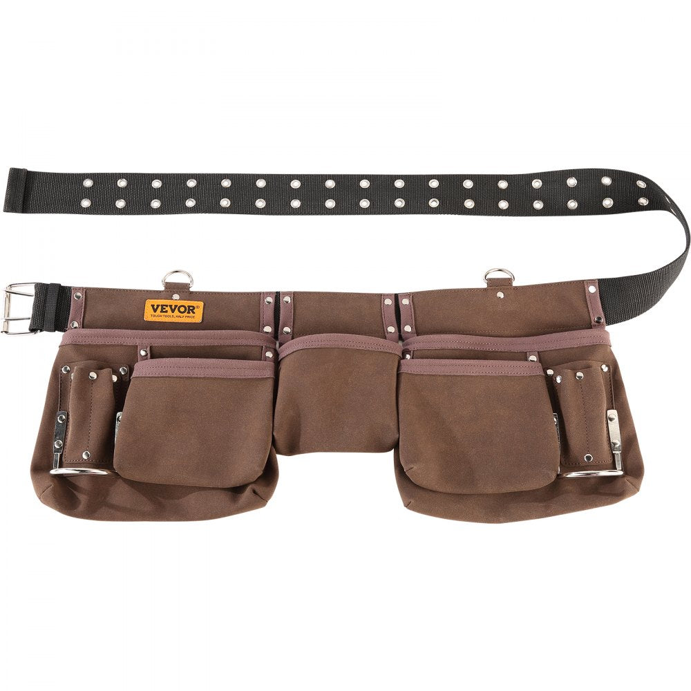 AMITOOLS 13 Pockets Tool Belt, Adjusts from 29 Inches to 54 Inches, Leather Heavy Duty Tool Pouch Bag with Dual Hammer Loops, Tool Bag for Electrician, Carpenter, Handyman, Construction, Framer, Brown