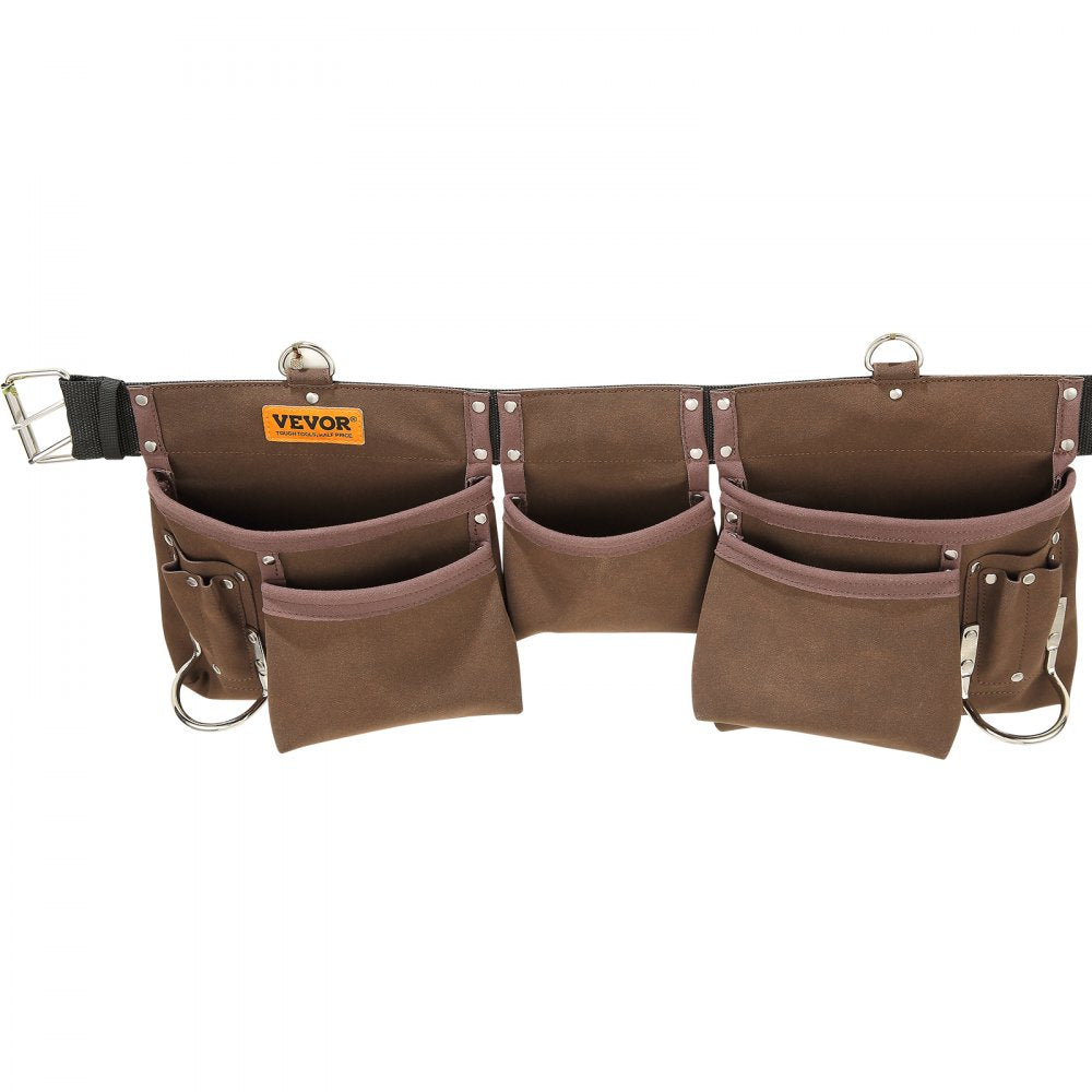 AMITOOLS 13 Pockets Tool Belt, Adjusts from 29 Inches to 54 Inches, Leather Heavy Duty Tool Pouch Bag with Dual Hammer Loops, Tool Bag for Electrician, Carpenter, Handyman, Construction, Framer, Brown