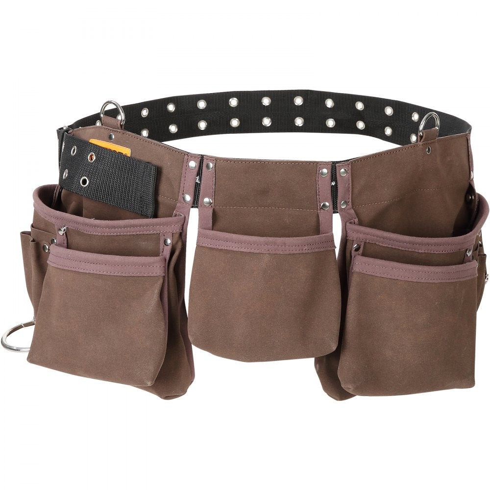 AMITOOLS 13 Pockets Tool Belt, Adjusts from 29 Inches to 54 Inches, Leather Heavy Duty Tool Pouch Bag with Dual Hammer Loops, Tool Bag for Electrician, Carpenter, Handyman, Construction, Framer, Brown