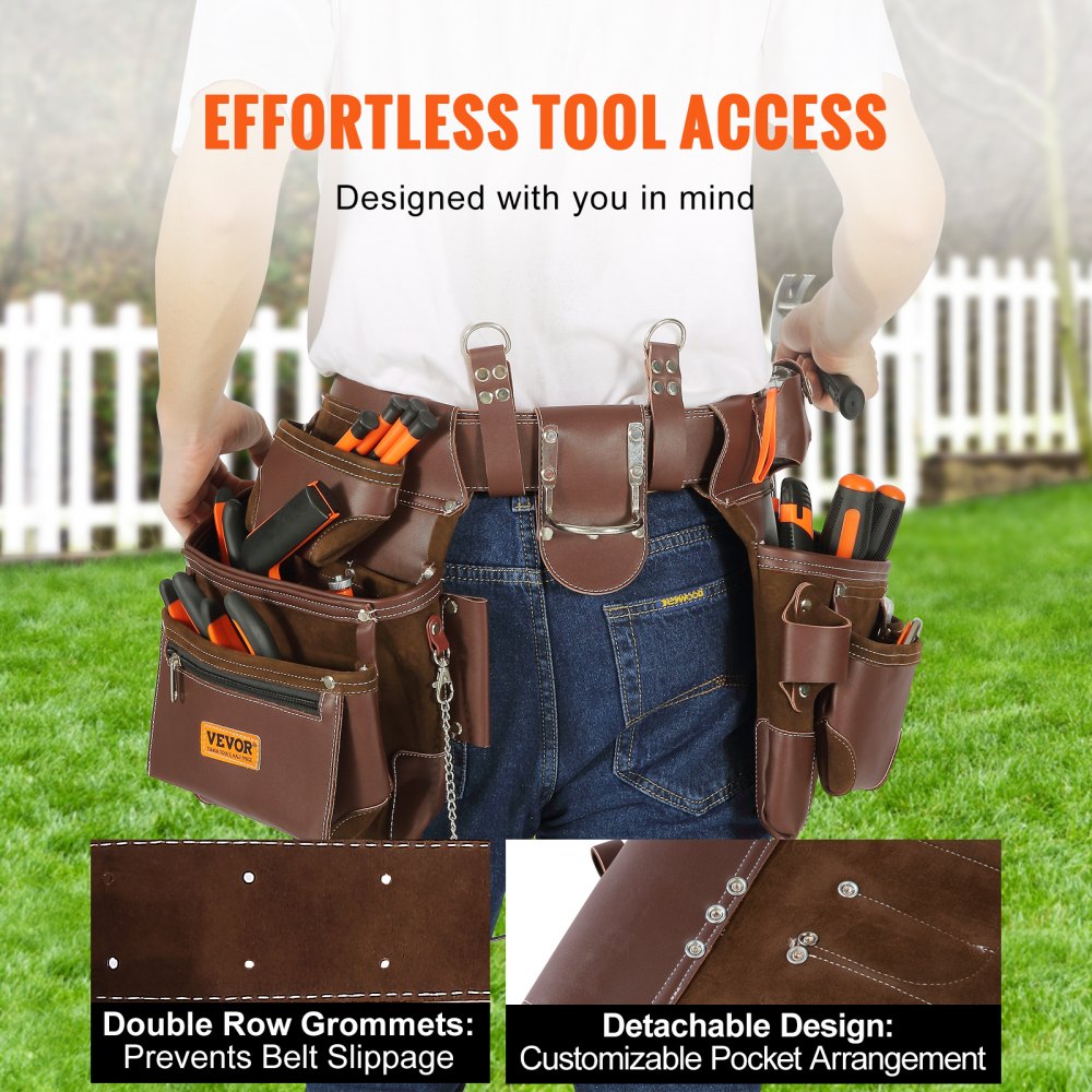 AMITOOLS Tool Belt, 22 Pockets, Adjust from 29 Inches to 54 Inches, Premium PU Heavy Duty Tool Pouch Bag, Detachable Tool Bag for Electrician, Carpenter, Handyman, Woodworker, Construction, Framer, Brown