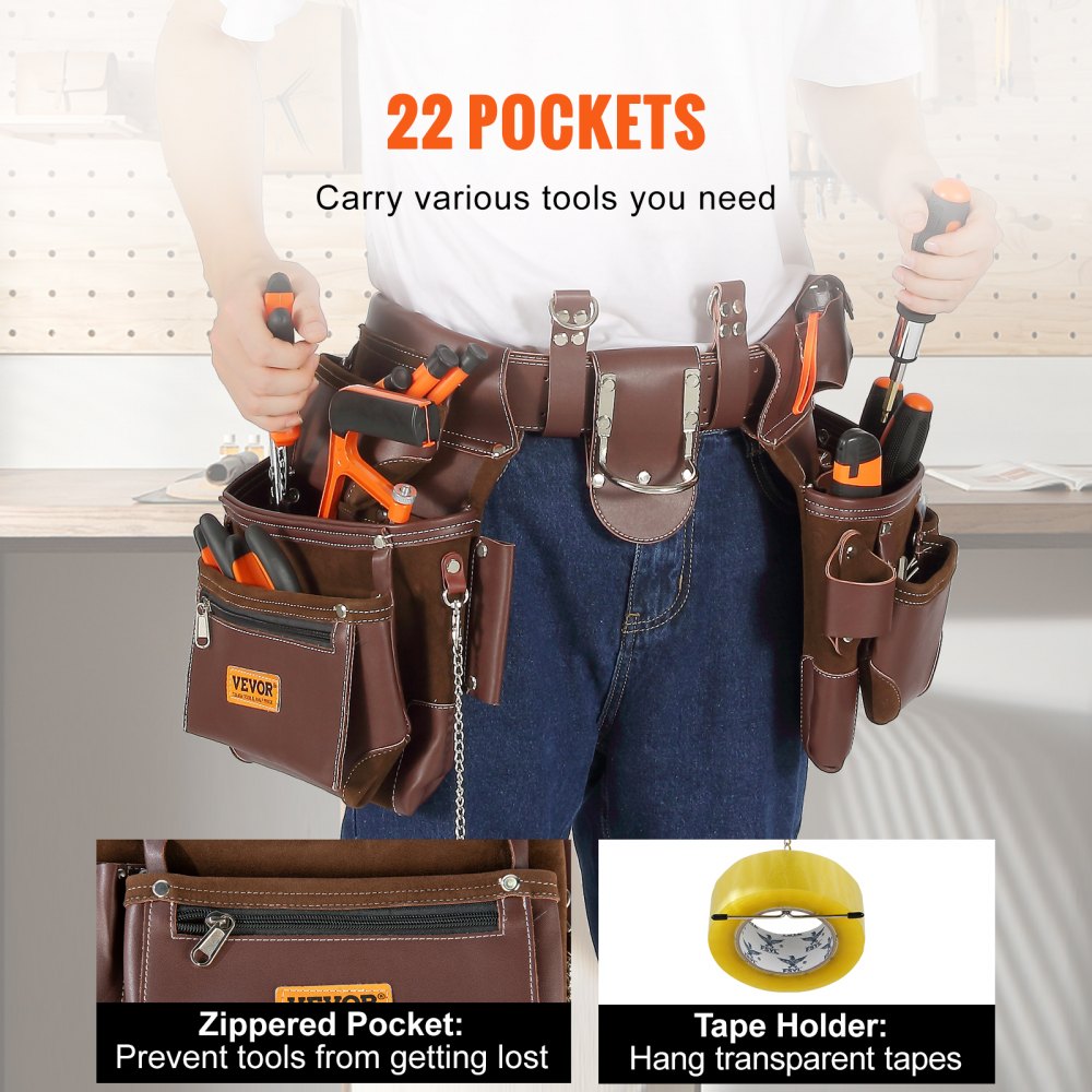 AMITOOLS Tool Belt, 22 Pockets, Adjust from 29 Inches to 54 Inches, Premium PU Heavy Duty Tool Pouch Bag, Detachable Tool Bag for Electrician, Carpenter, Handyman, Woodworker, Construction, Framer, Brown