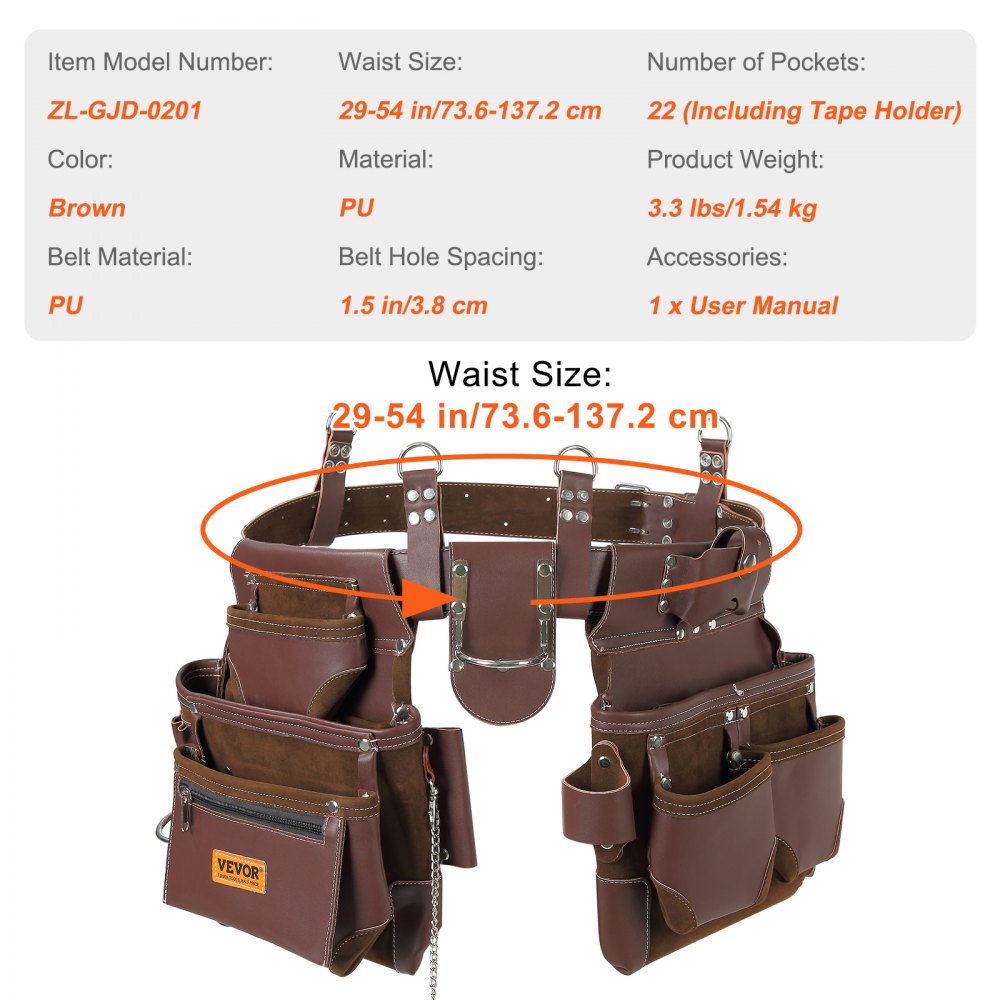 AMITOOLS Tool Belt, 22 Pockets, Adjust from 29 Inches to 54 Inches, Premium PU Heavy Duty Tool Pouch Bag, Detachable Tool Bag for Electrician, Carpenter, Handyman, Woodworker, Construction, Framer, Brown