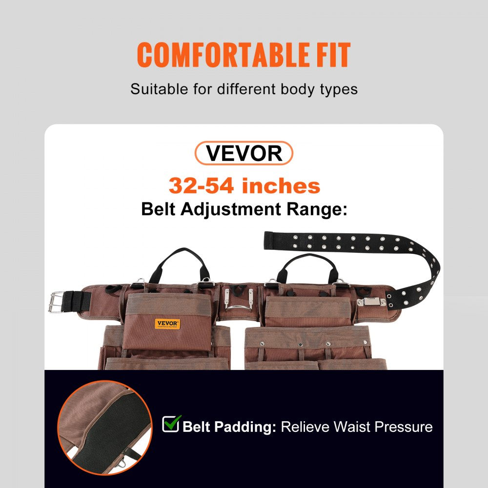 AMITOOLS 19 Pockets ool Belt, Adjusts from 32 Inches to 54 Inches, Polyester Heavy Duty Tool Pouch Bag, Detachable Tool Bag for Electrician, Carpenter, Handyman, Woodworker, Construction, Framer, Brown