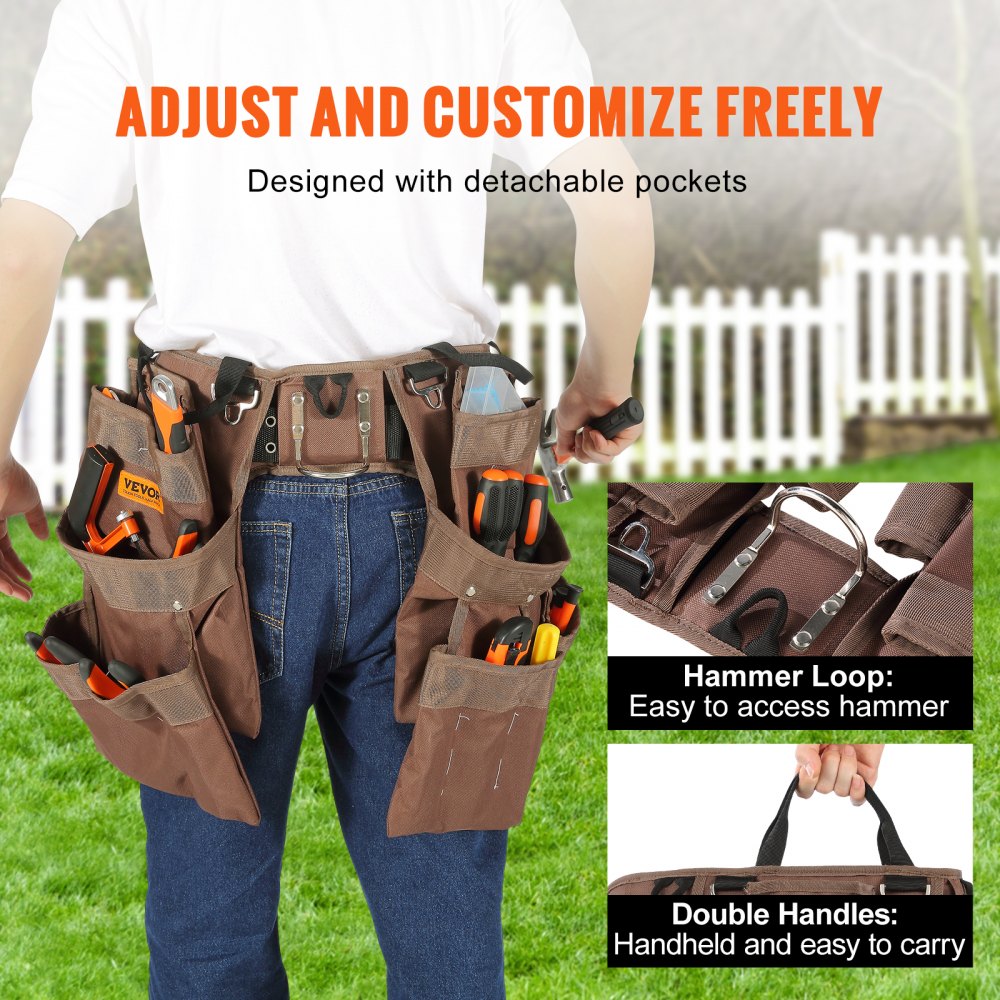 AMITOOLS 19 Pockets ool Belt, Adjusts from 32 Inches to 54 Inches, Polyester Heavy Duty Tool Pouch Bag, Detachable Tool Bag for Electrician, Carpenter, Handyman, Woodworker, Construction, Framer, Brown