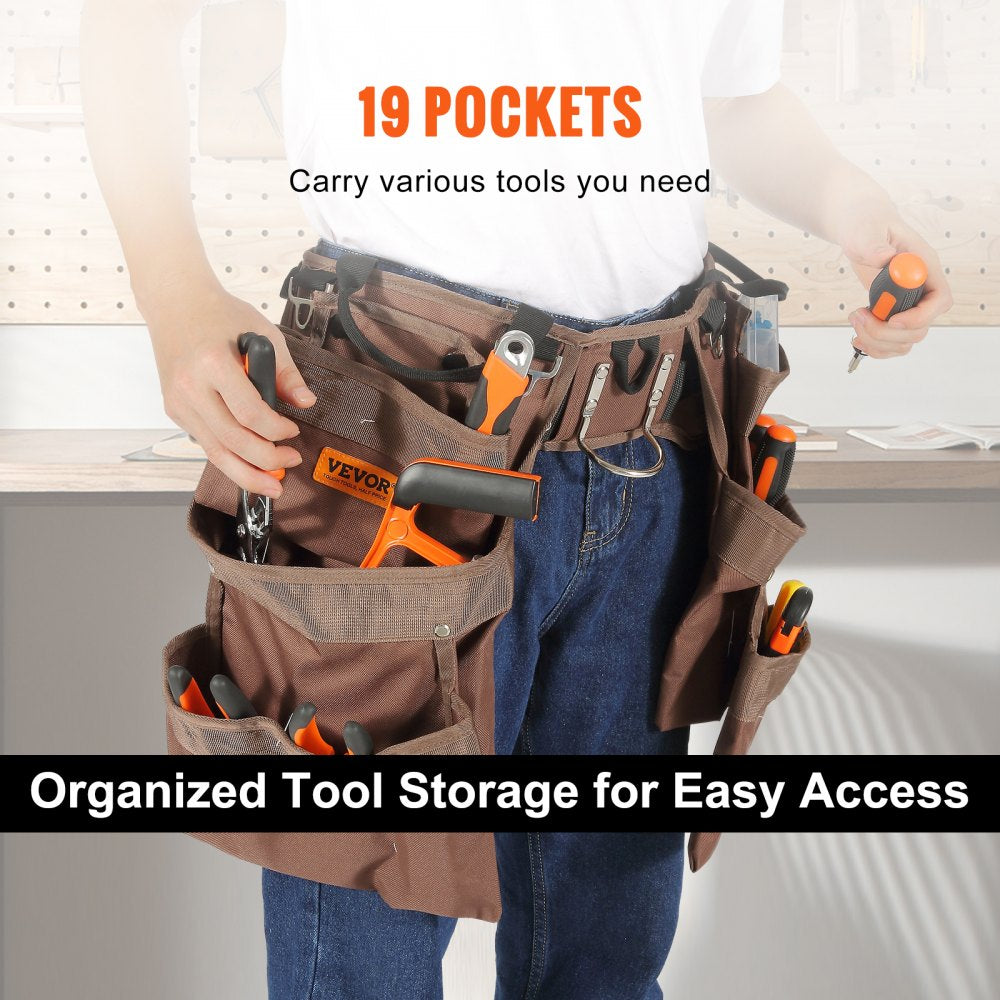 AMITOOLS 19 Pockets ool Belt, Adjusts from 32 Inches to 54 Inches, Polyester Heavy Duty Tool Pouch Bag, Detachable Tool Bag for Electrician, Carpenter, Handyman, Woodworker, Construction, Framer, Brown