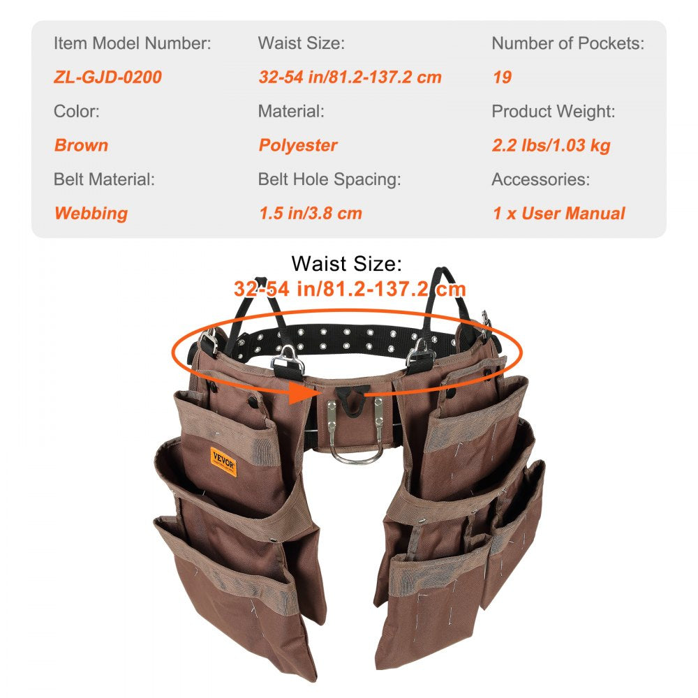 AMITOOLS 19 Pockets ool Belt, Adjusts from 32 Inches to 54 Inches, Polyester Heavy Duty Tool Pouch Bag, Detachable Tool Bag for Electrician, Carpenter, Handyman, Woodworker, Construction, Framer, Brown