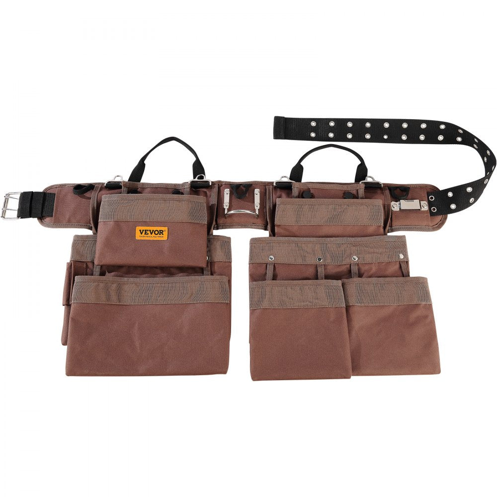 AMITOOLS 19 Pockets ool Belt, Adjusts from 32 Inches to 54 Inches, Polyester Heavy Duty Tool Pouch Bag, Detachable Tool Bag for Electrician, Carpenter, Handyman, Woodworker, Construction, Framer, Brown