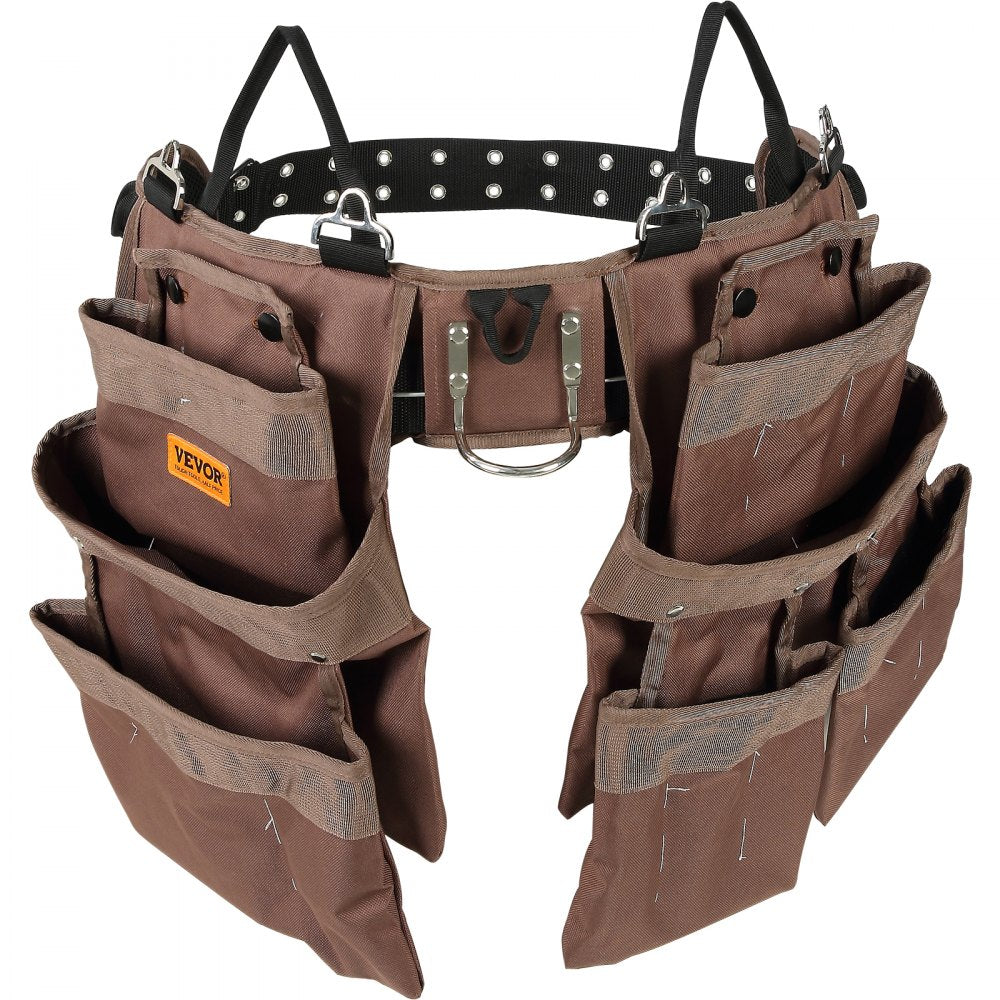 AMITOOLS 19 Pockets ool Belt, Adjusts from 32 Inches to 54 Inches, Polyester Heavy Duty Tool Pouch Bag, Detachable Tool Bag for Electrician, Carpenter, Handyman, Woodworker, Construction, Framer, Brown