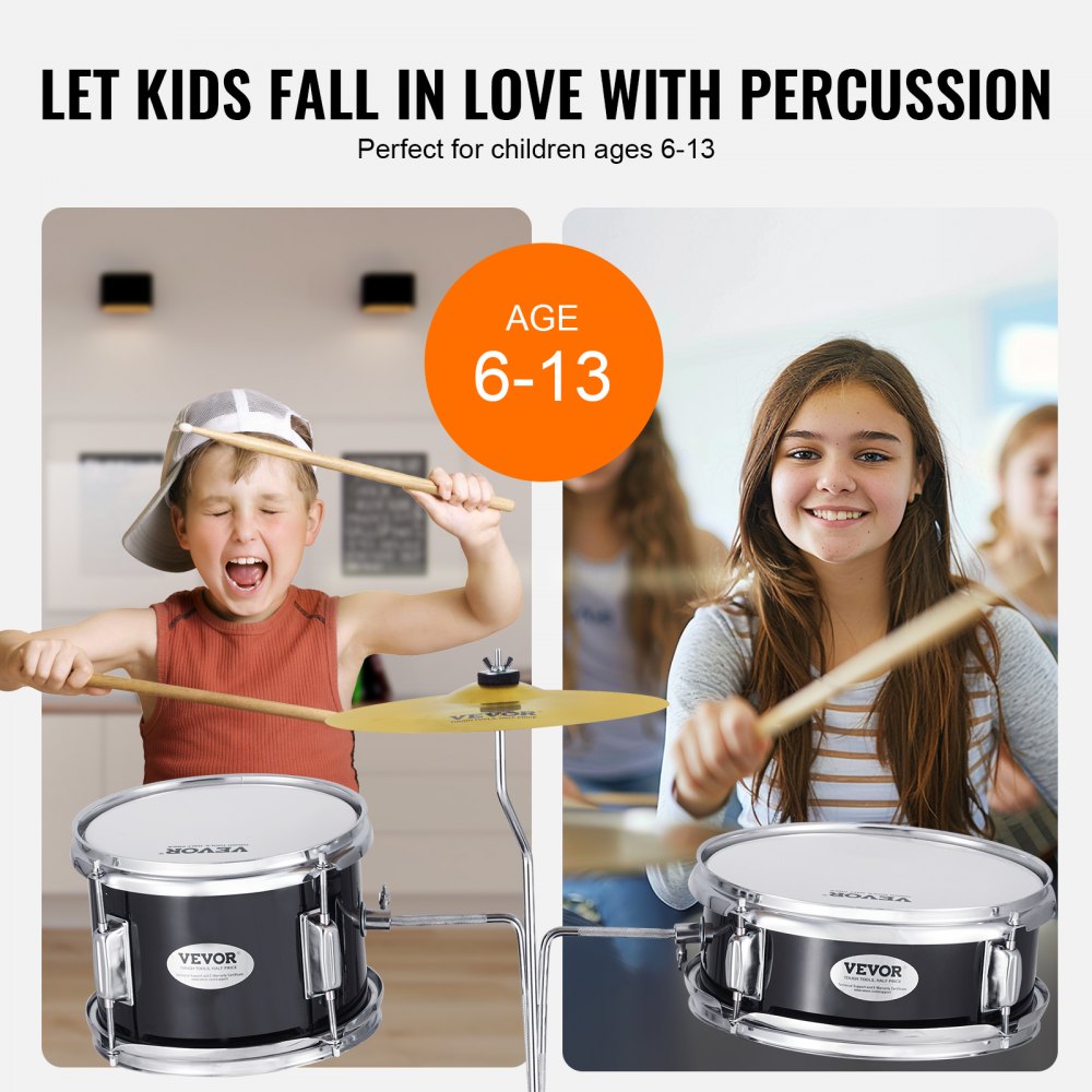 AMITOOLS Kids Drum Set, 3-Piece, 14 in Beginner Drum Set with Adjustable Throne Cymbal Pedal Two Pairs of Drumsticks, 8'' Tom Drum 10'' Snare Drum 14'' Bass Drum, Starter Drum Kit for Child Kids, Black