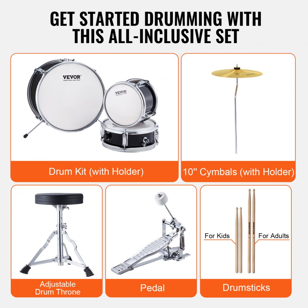 AMITOOLS Kids Drum Set, 3-Piece, 14 in Beginner Drum Set with Adjustable Throne Cymbal Pedal Two Pairs of Drumsticks, 8'' Tom Drum 10'' Snare Drum 14'' Bass Drum, Starter Drum Kit for Child Kids, Black