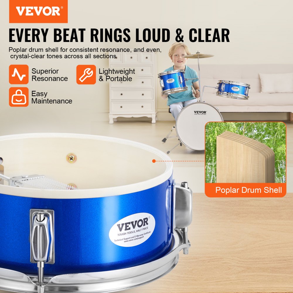 AMITOOLS Kids Drum Set, 3-Piece, 14 in Beginner Drum Set with Adjustable Throne Cymbal Pedal Two Pairs of Drumsticks, 8'' Tom Drum 10'' Snare Drum 14'' Bass Drum, Starter Drum Kit for Child Kids, Blue