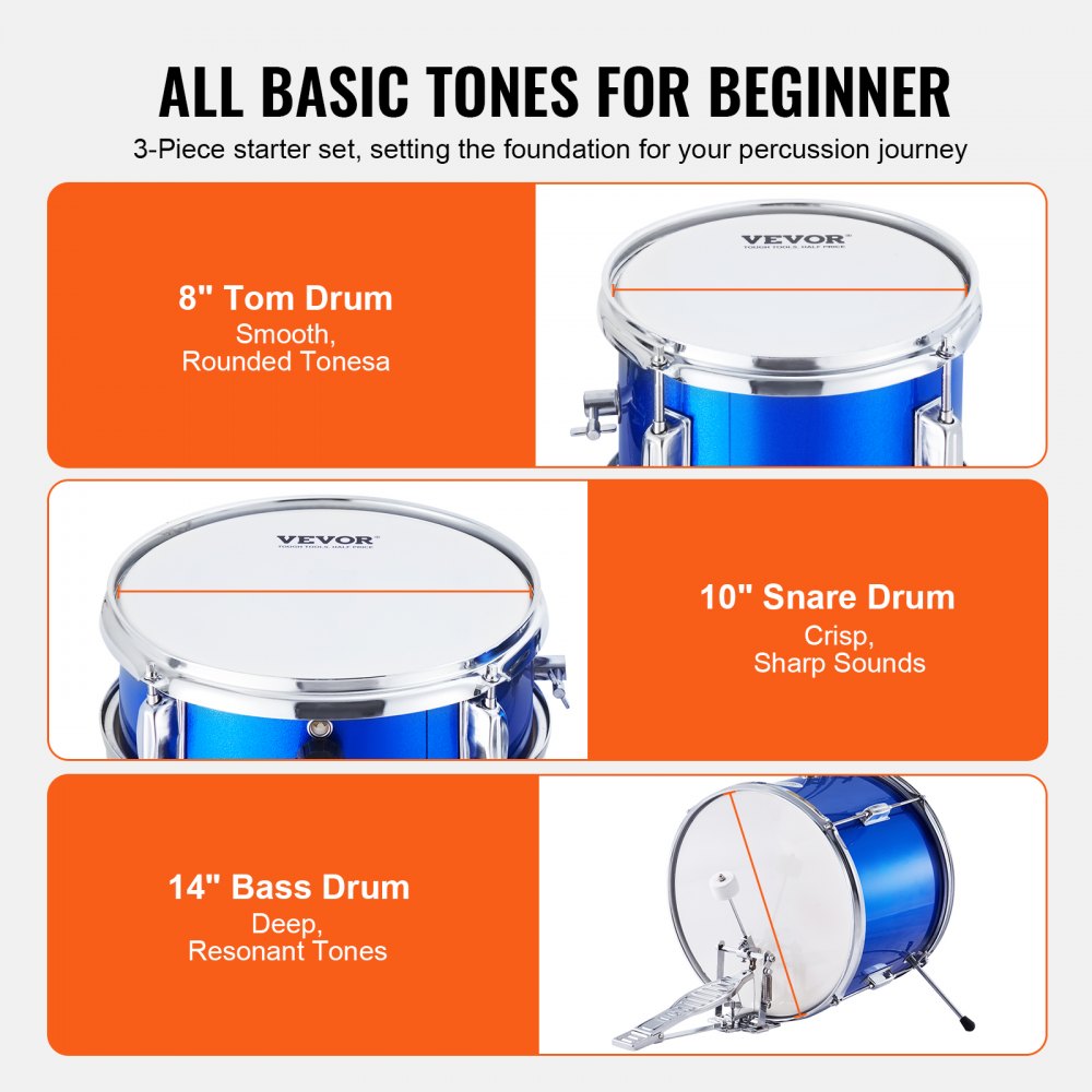 AMITOOLS Kids Drum Set, 3-Piece, 14 in Beginner Drum Set with Adjustable Throne Cymbal Pedal Two Pairs of Drumsticks, 8'' Tom Drum 10'' Snare Drum 14'' Bass Drum, Starter Drum Kit for Child Kids, Blue