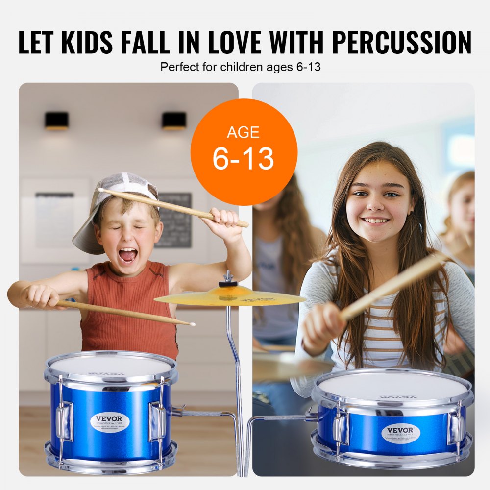 AMITOOLS Kids Drum Set, 3-Piece, 14 in Beginner Drum Set with Adjustable Throne Cymbal Pedal Two Pairs of Drumsticks, 8'' Tom Drum 10'' Snare Drum 14'' Bass Drum, Starter Drum Kit for Child Kids, Blue