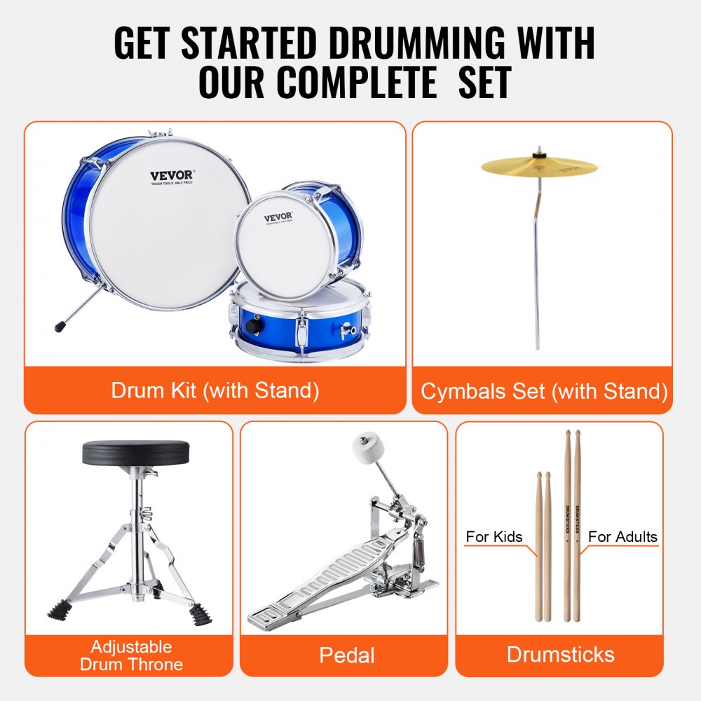 AMITOOLS Kids Drum Set, 3-Piece, 14 in Beginner Drum Set with Adjustable Throne Cymbal Pedal Two Pairs of Drumsticks, 8'' Tom Drum 10'' Snare Drum 14'' Bass Drum, Starter Drum Kit for Child Kids, Blue