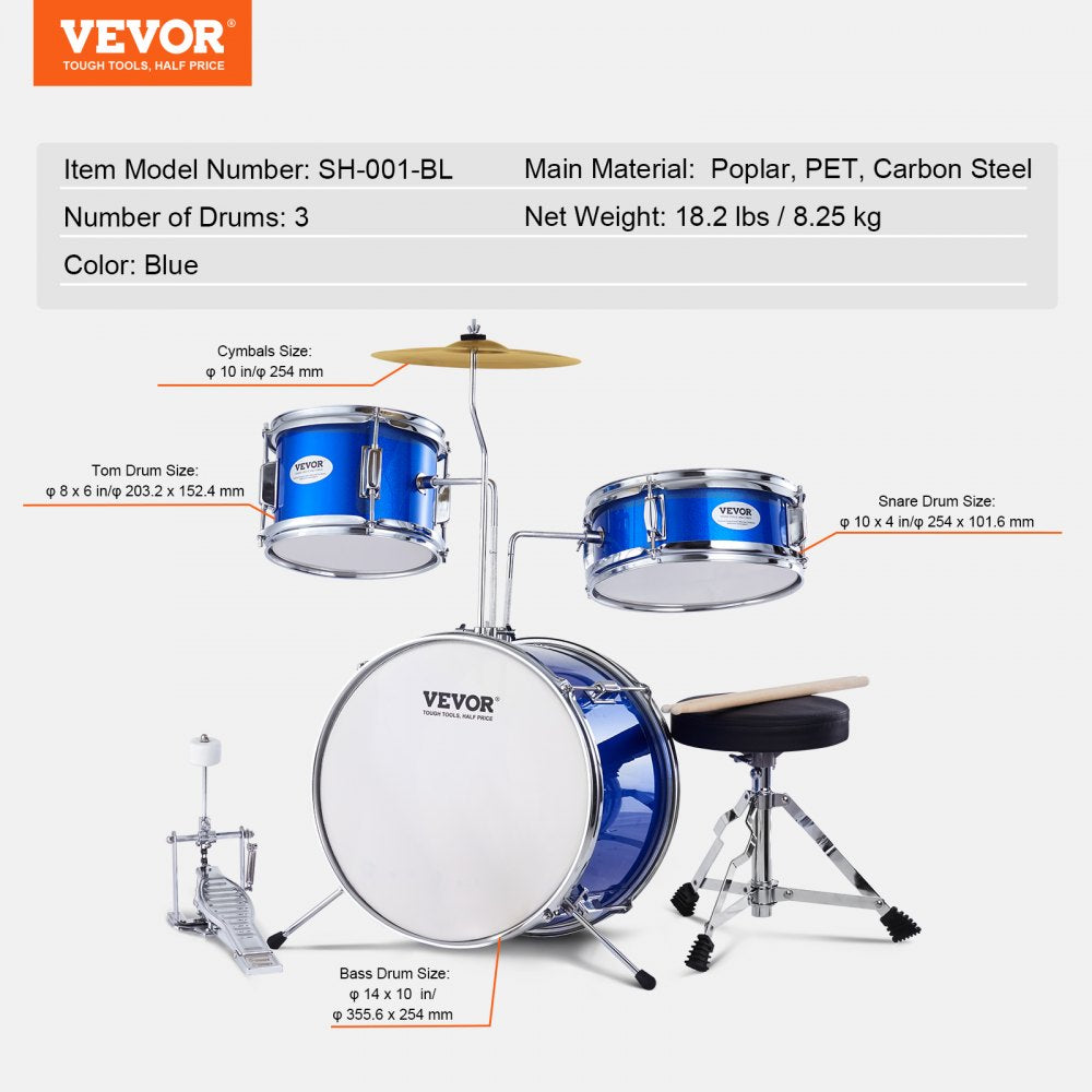 AMITOOLS Kids Drum Set, 3-Piece, 14 in Beginner Drum Set with Adjustable Throne Cymbal Pedal Two Pairs of Drumsticks, 8'' Tom Drum 10'' Snare Drum 14'' Bass Drum, Starter Drum Kit for Child Kids, Blue