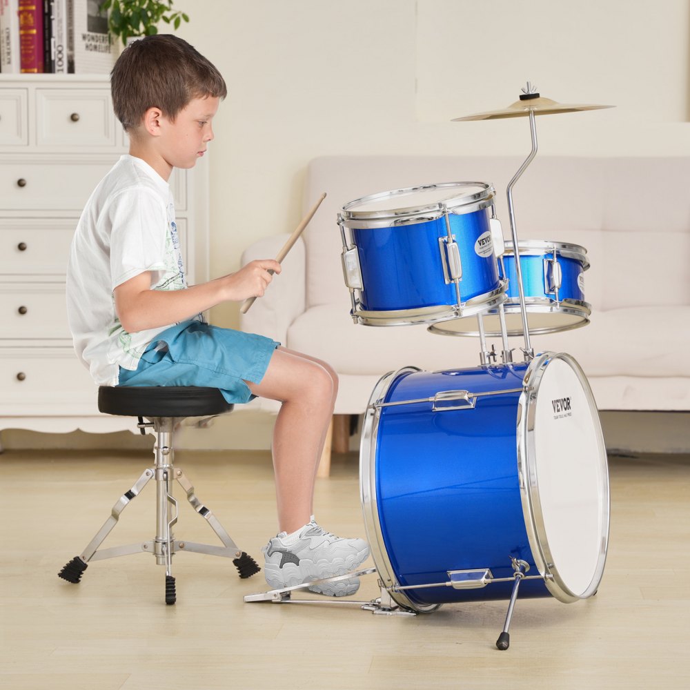 AMITOOLS Kids Drum Set, 3-Piece, 14 in Beginner Drum Set with Adjustable Throne Cymbal Pedal Two Pairs of Drumsticks, 8'' Tom Drum 10'' Snare Drum 14'' Bass Drum, Starter Drum Kit for Child Kids, Blue