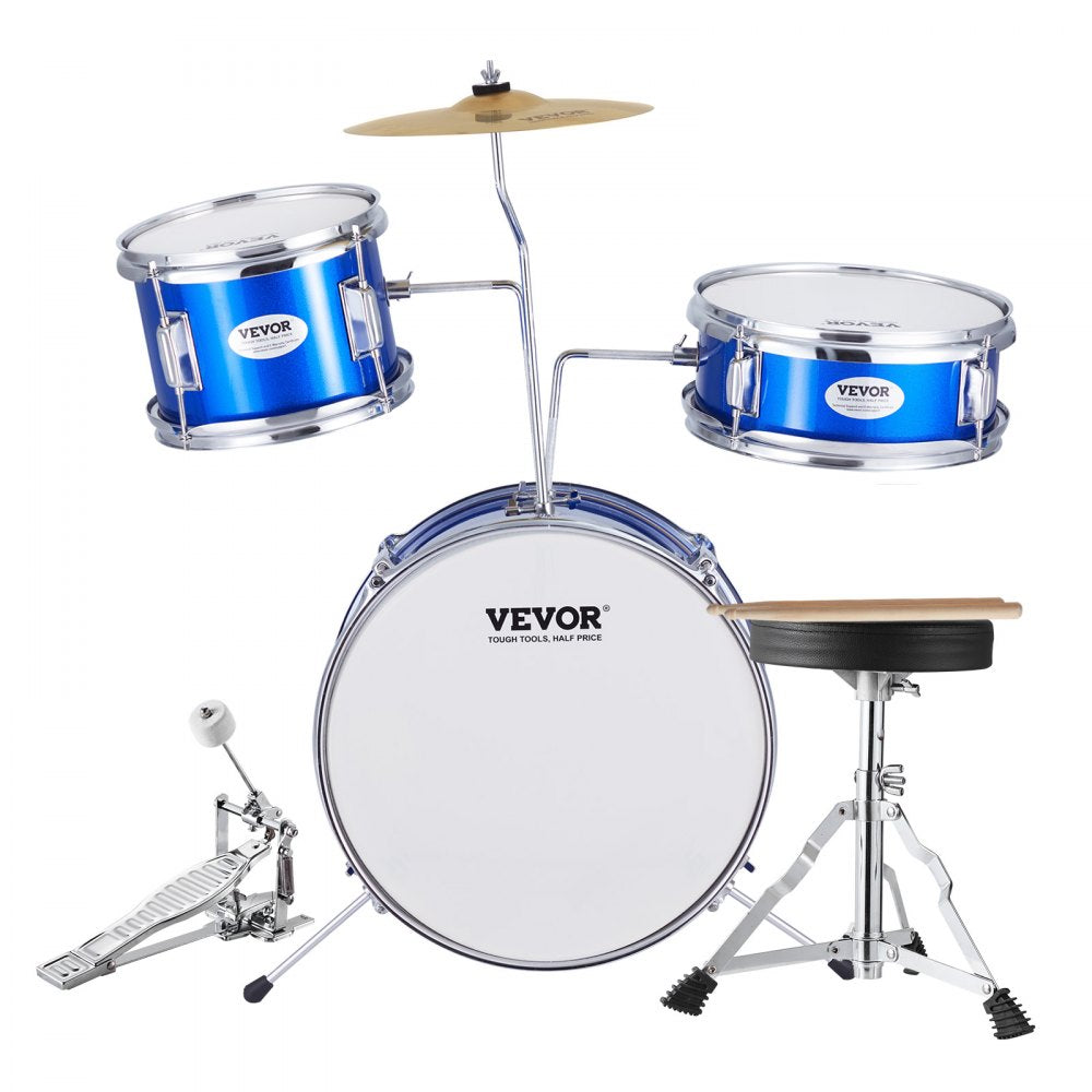 AMITOOLS Kids Drum Set, 3-Piece, 14 in Beginner Drum Set with Adjustable Throne Cymbal Pedal Two Pairs of Drumsticks, 8'' Tom Drum 10'' Snare Drum 14'' Bass Drum, Starter Drum Kit for Child Kids, Blue