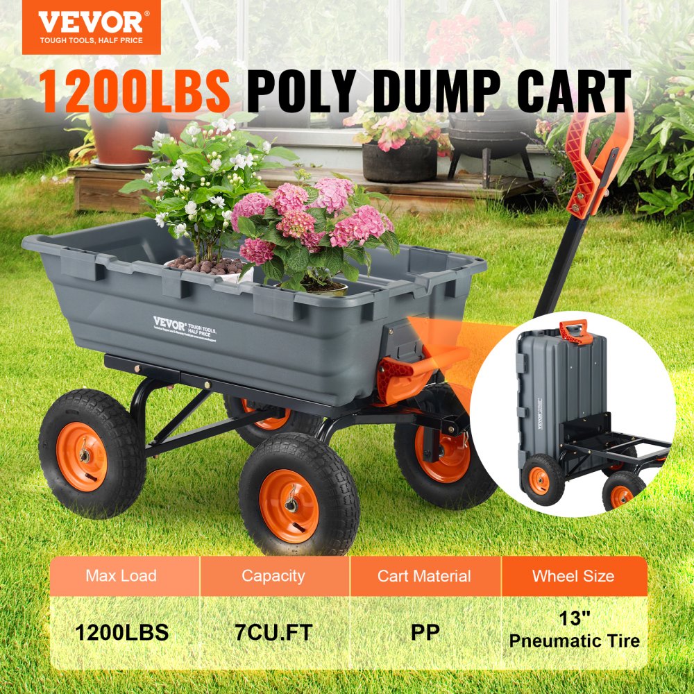 AMITOOLS Dump Cart, Poly Garden Dump Cart with Easy to Assemble Steel Frame, Dump Wagon with 2-in-1 Convertible Handle, 6.48 cu.ft Utility Wheelbarrow 1200 lbs Capacity, 13 inch Tires