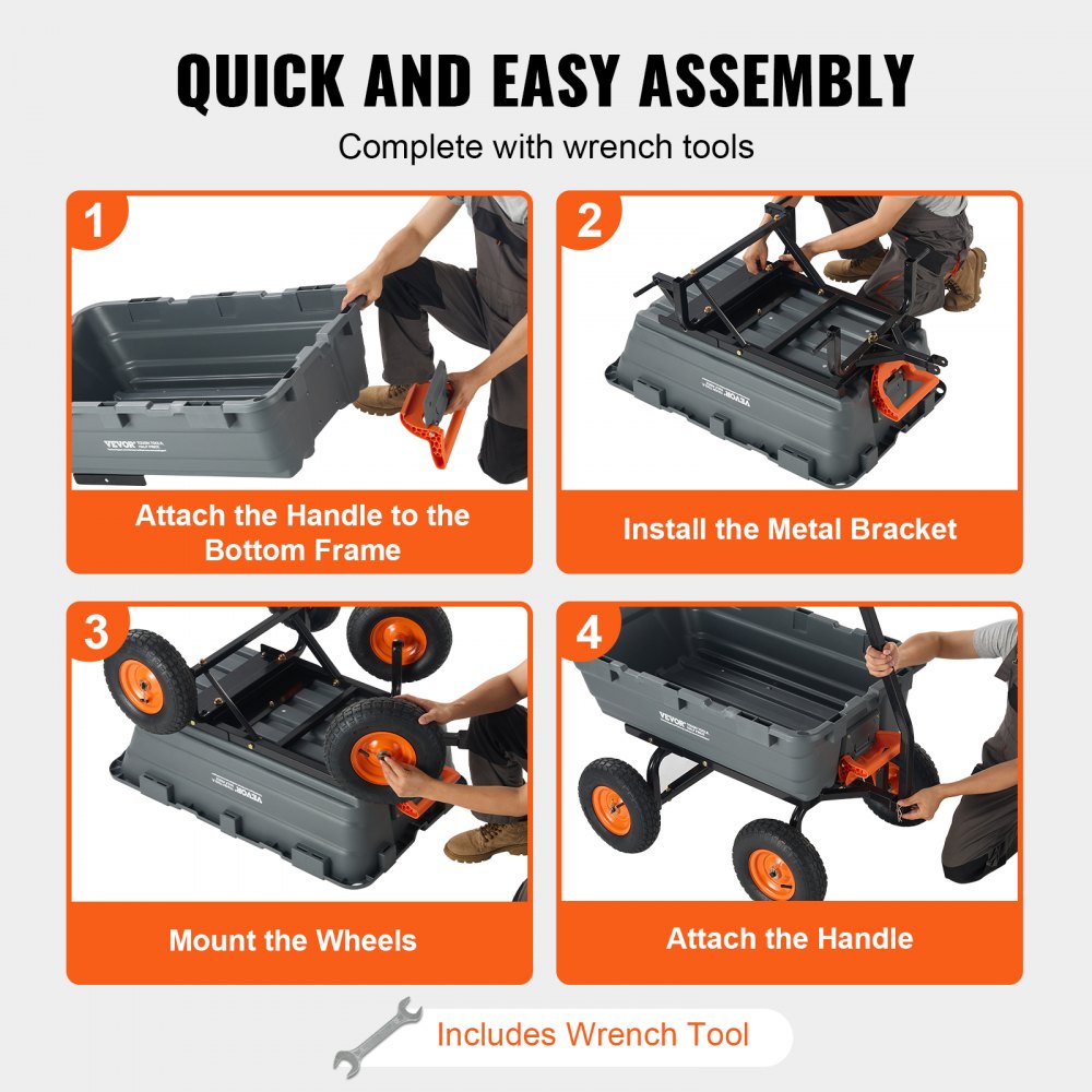 AMITOOLS Dump Cart, Poly Garden Dump Cart with Easy to Assemble Steel Frame, Dump Wagon with 2-in-1 Convertible Handle, 6.48 cu.ft Utility Wheelbarrow 1200 lbs Capacity, 13 inch Tires