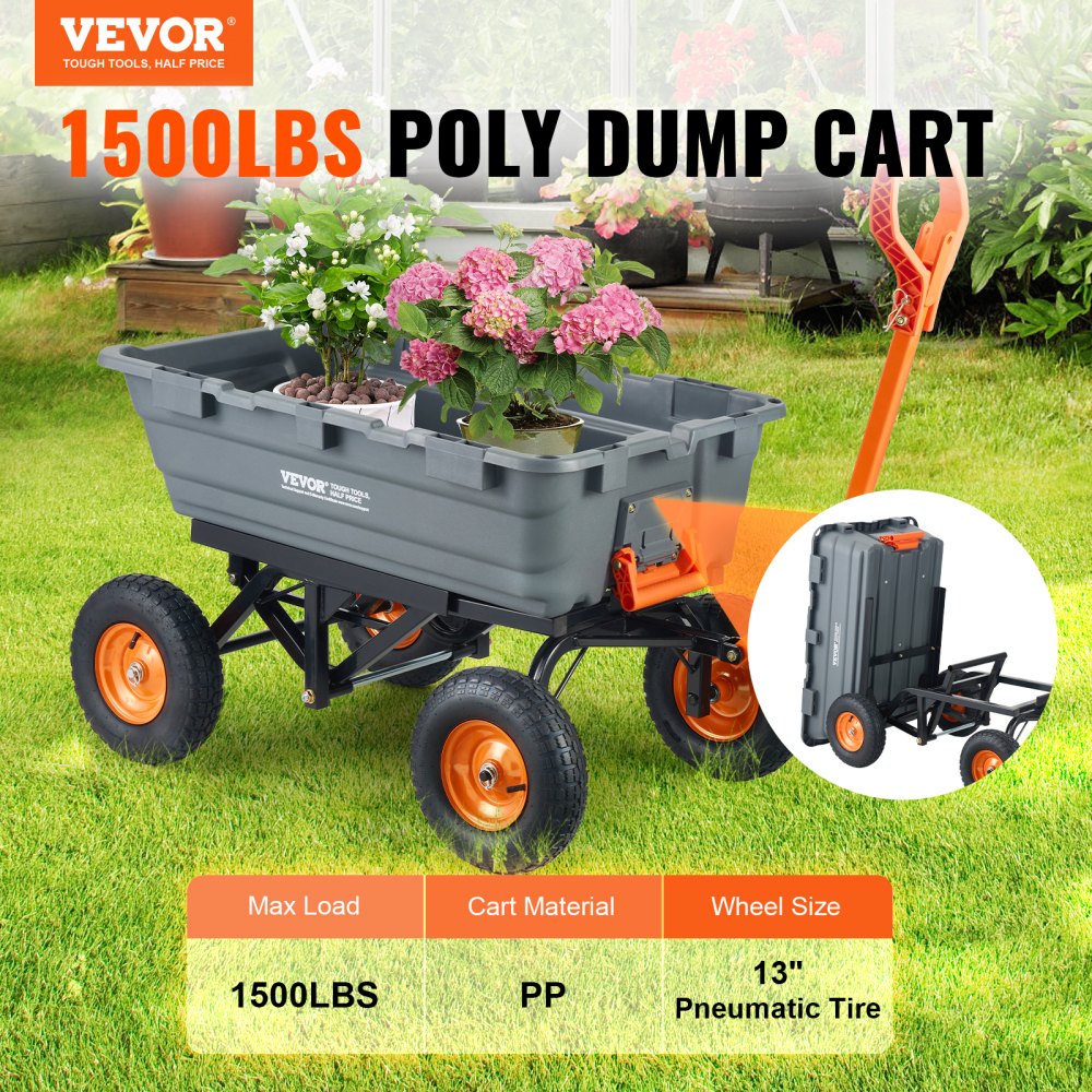 AMITOOLS Dump Cart, Poly Garden Dump Cart with Easy to Assemble Steel Frame, Dump Wagon with 2-in-1 Convertible Handle, Utility Wheelbarrow 1500 lbs Capacity, 13 inch Tires