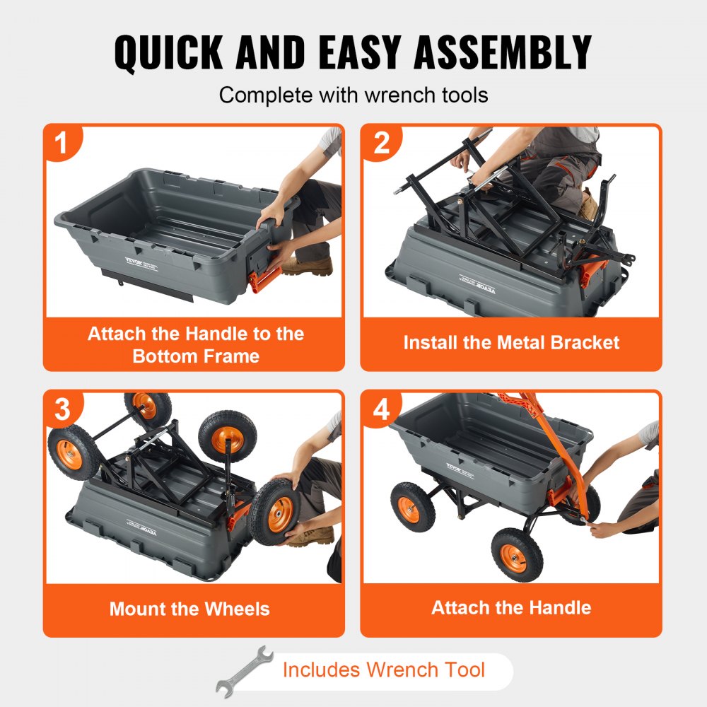 AMITOOLS Dump Cart, Poly Garden Dump Cart with Easy to Assemble Steel Frame, Dump Wagon with 2-in-1 Convertible Handle, Utility Wheelbarrow 1500 lbs Capacity, 13 inch Tires