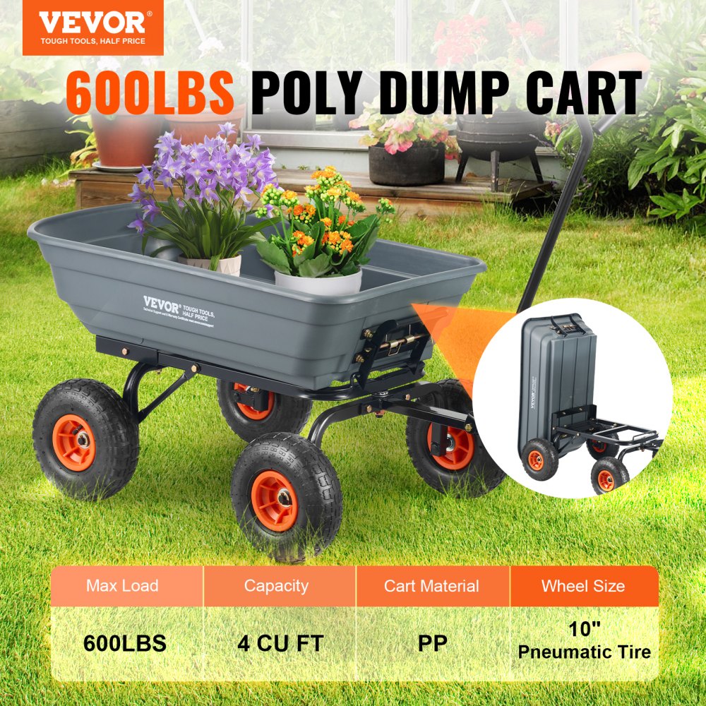 AMITOOLS Dump Cart, Poly Garden Dump Cart with Easy to Assemble Steel Frame, Dump Wagon with 2-in-1 Convertible Handle, Utility Wheelbarrow 600 lbs Capacity, 10 inch Tires