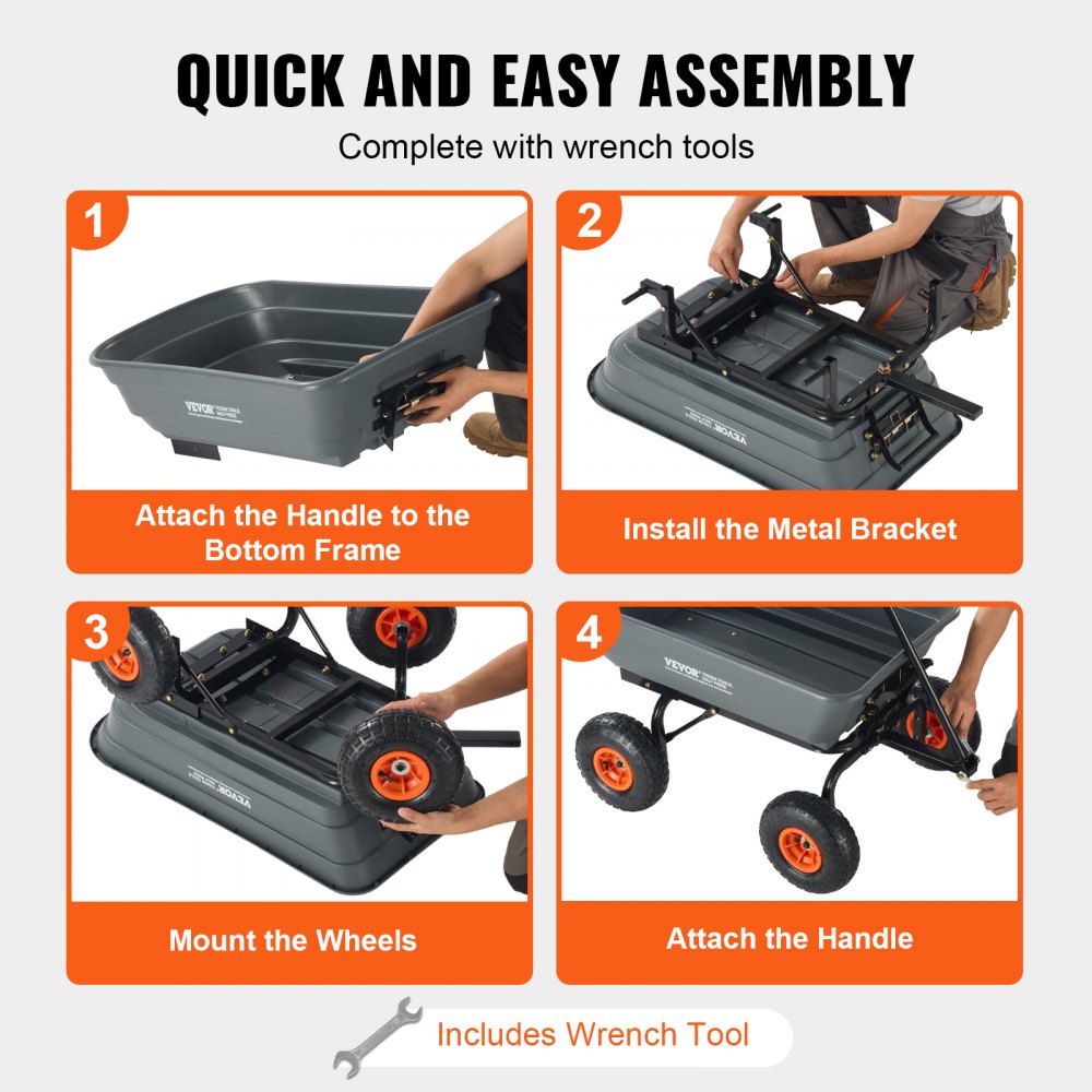 AMITOOLS Dump Cart, Poly Garden Dump Cart with Easy to Assemble Steel Frame, Dump Wagon with 2-in-1 Convertible Handle, Utility Wheelbarrow 600 lbs Capacity, 10 inch Tires