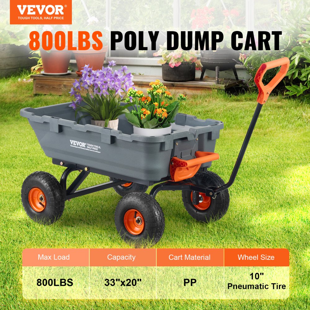 AMITOOLS Dump Cart, Poly Garden Dump Cart with Easy to Assemble Steel Frame, Dump Wagon with 2-in-1 Convertible Handle, Utility Wheelbarrow 800 lbs Capacity, 10 inch Tires