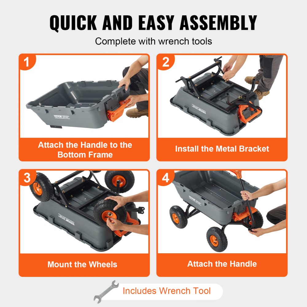 AMITOOLS Dump Cart, Poly Garden Dump Cart with Easy to Assemble Steel Frame, Dump Wagon with 2-in-1 Convertible Handle, Utility Wheelbarrow 800 lbs Capacity, 10 inch Tires