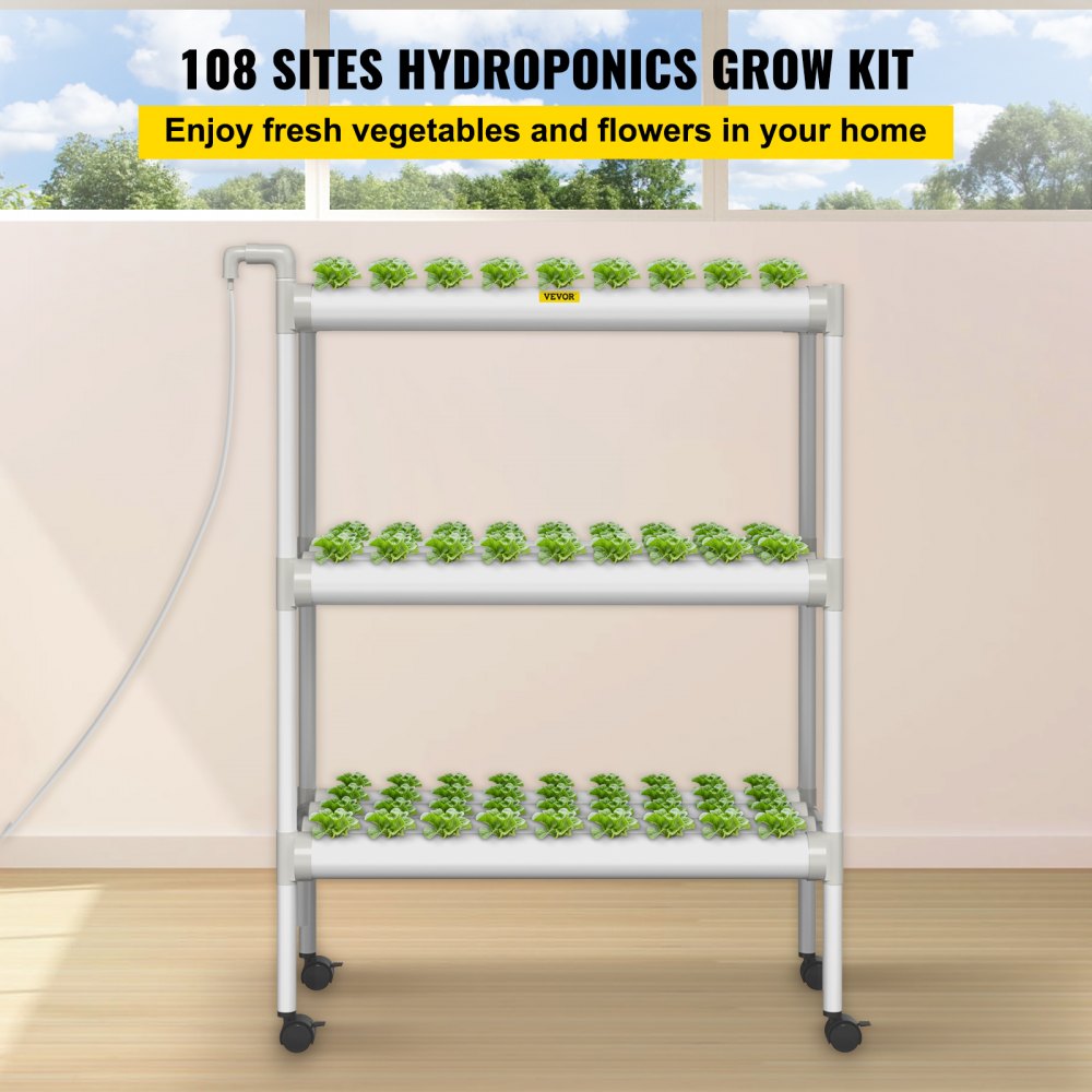 AMITOOLS Hydroponics Growing System, 108 Sites 12 Food-Grade PVC-U Pipes, 3 Layers Indoor Planting Kit with Water Pump, Timer, Nest Basket, Sponge, for Fruits, Vegetables, Herbs, White