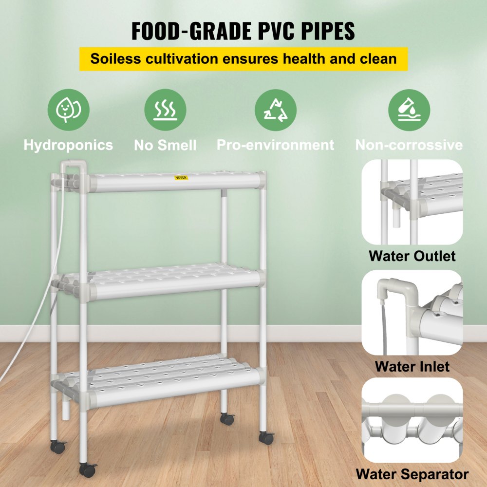 AMITOOLS Hydroponics Growing System, 108 Sites 12 Food-Grade PVC-U Pipes, 3 Layers Indoor Planting Kit with Water Pump, Timer, Nest Basket, Sponge, for Fruits, Vegetables, Herbs, White