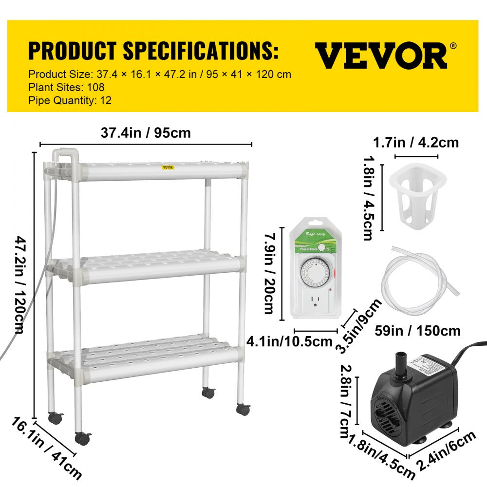 AMITOOLS Hydroponics Growing System, 108 Sites 12 Food-Grade PVC-U Pipes, 3 Layers Indoor Planting Kit with Water Pump, Timer, Nest Basket, Sponge, for Fruits, Vegetables, Herbs, White