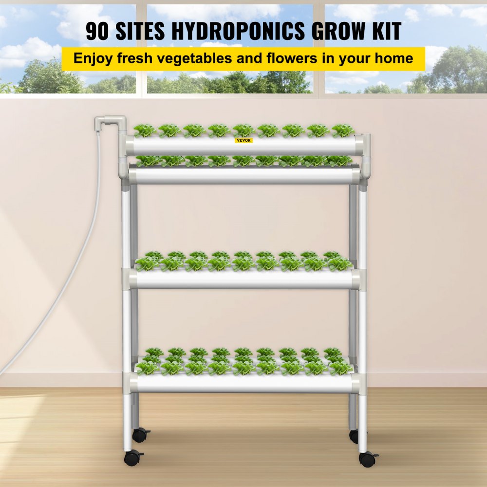 AMITOOLS Hydroponics Growing System, 90 Sites 10 Food-Grade PVC-U Pipes, 3 Layers Indoor Planting Kit with Water Pump, Timer, Nest Basket, Sponge, for Fruits, Vegetables, Herbs, White