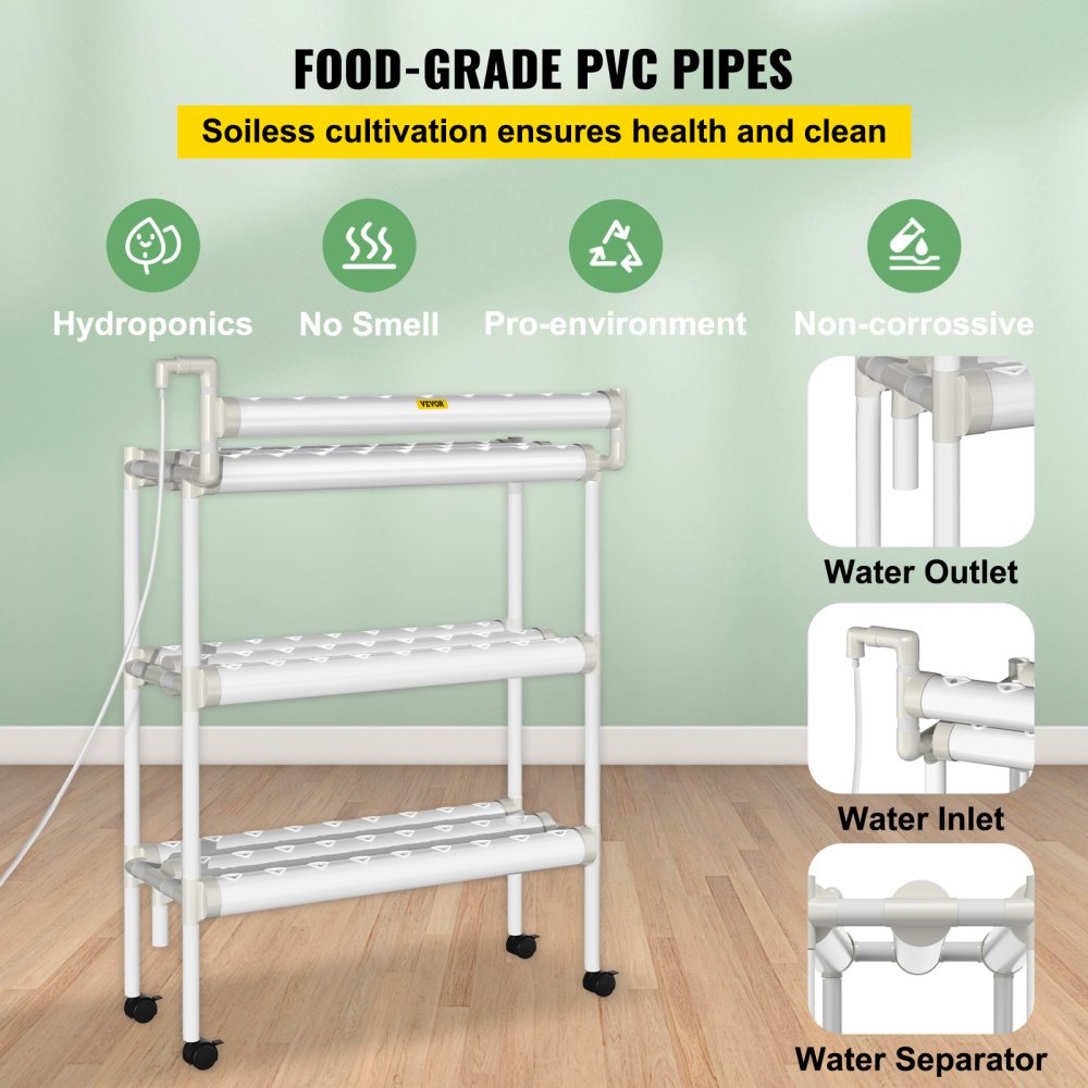 AMITOOLS Hydroponics Growing System, 90 Sites 10 Food-Grade PVC-U Pipes, 3 Layers Indoor Planting Kit with Water Pump, Timer, Nest Basket, Sponge, for Fruits, Vegetables, Herbs, White