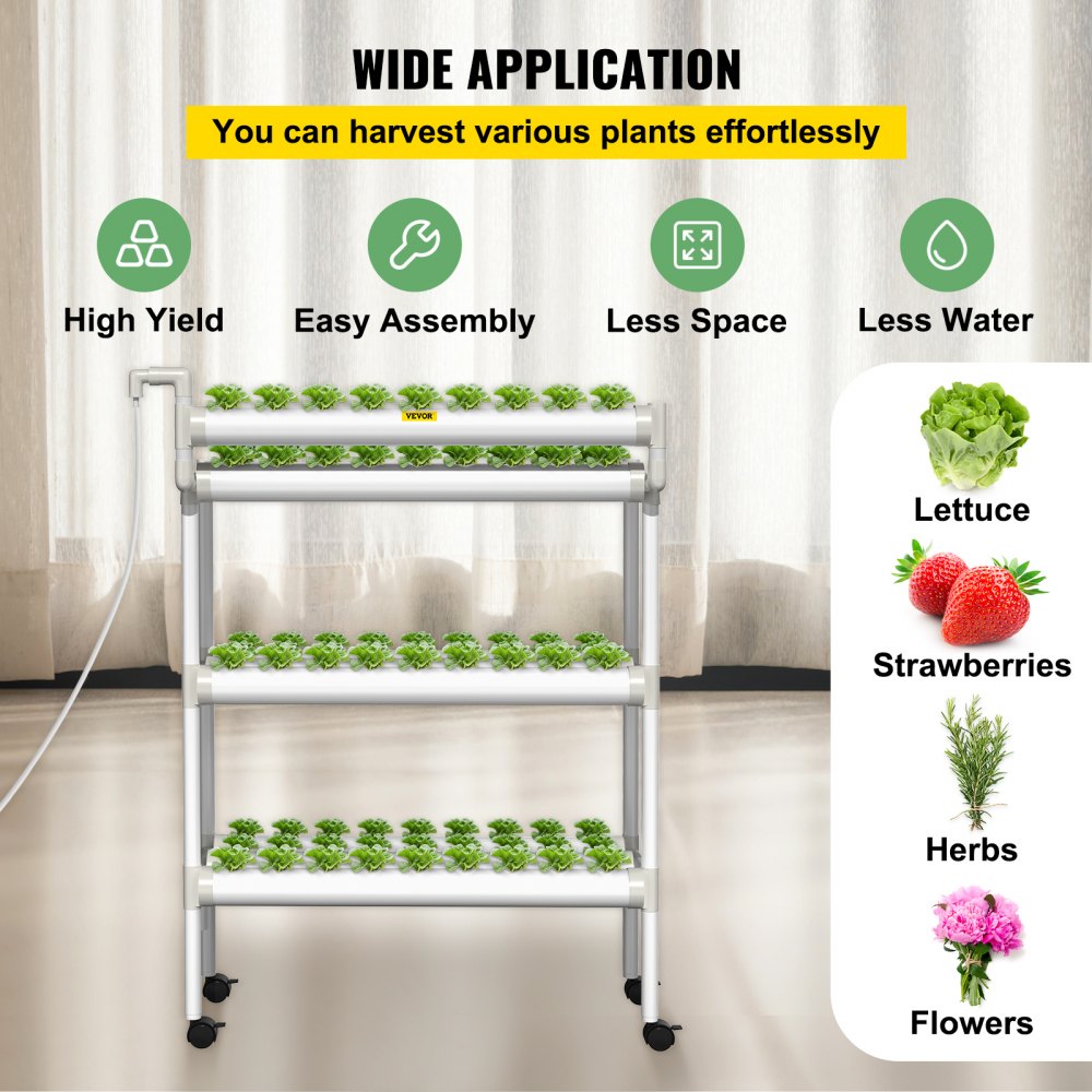 AMITOOLS Hydroponics Growing System, 90 Sites 10 Food-Grade PVC-U Pipes, 3 Layers Indoor Planting Kit with Water Pump, Timer, Nest Basket, Sponge, for Fruits, Vegetables, Herbs, White