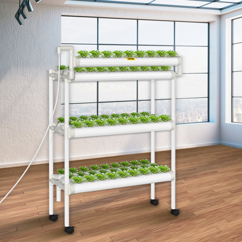 AMITOOLS Hydroponics Growing System, 90 Sites 10 Food-Grade PVC-U Pipes, 3 Layers Indoor Planting Kit with Water Pump, Timer, Nest Basket, Sponge, for Fruits, Vegetables, Herbs, White