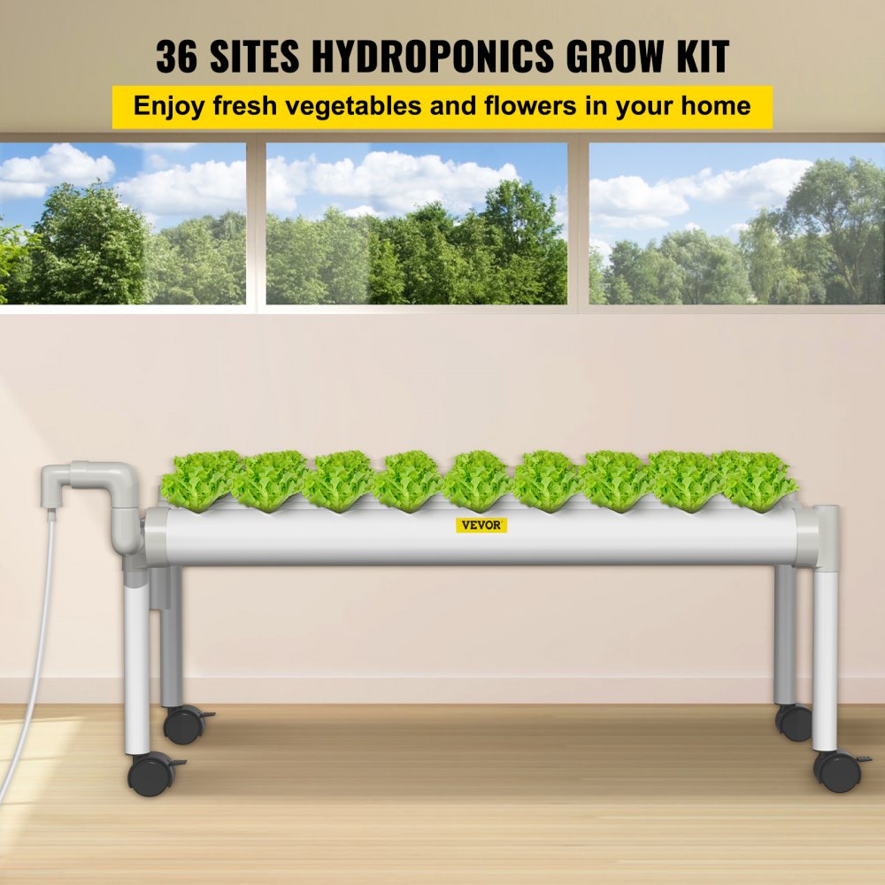 AMITOOLS Hydroponics Growing System, 36 Sites 4 Food-Grade PVC-U Pipes, 1 Layer Indoor Planting Kit with Water Pump, Timer, Nest Basket, Sponge for Fruits, Vegetables, Herb, White