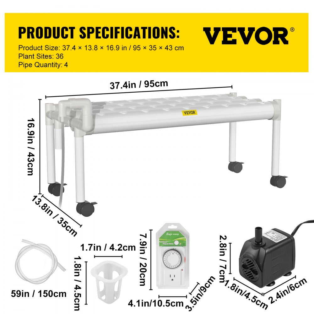 AMITOOLS Hydroponics Growing System, 36 Sites 4 Food-Grade PVC-U Pipes, 1 Layer Indoor Planting Kit with Water Pump, Timer, Nest Basket, Sponge for Fruits, Vegetables, Herb, White