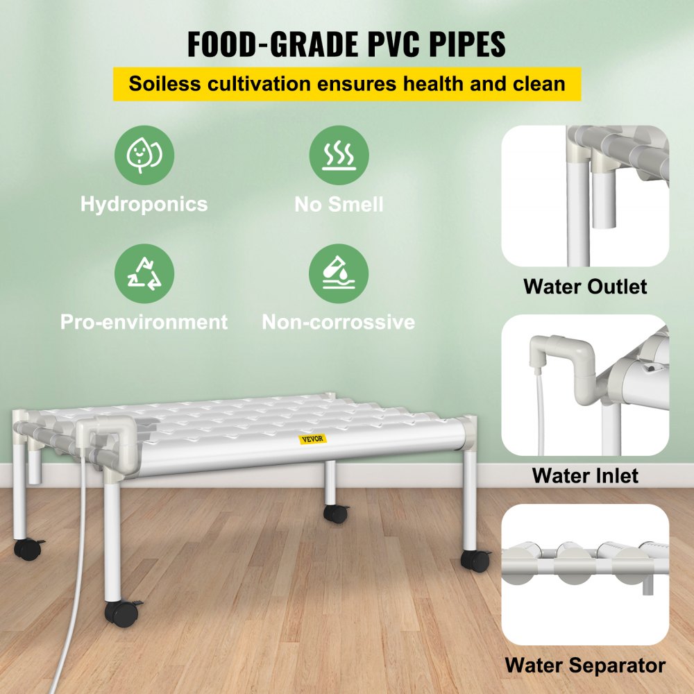 AMITOOLS Hydroponics Growing System, 54 Sites 6 Food-Grade PVC-U Pipes, 1 Layer Indoor Planting Kit with Water Pump, Timer, Nest Basket, Sponge for Fruits, Vegetables, Herb, White