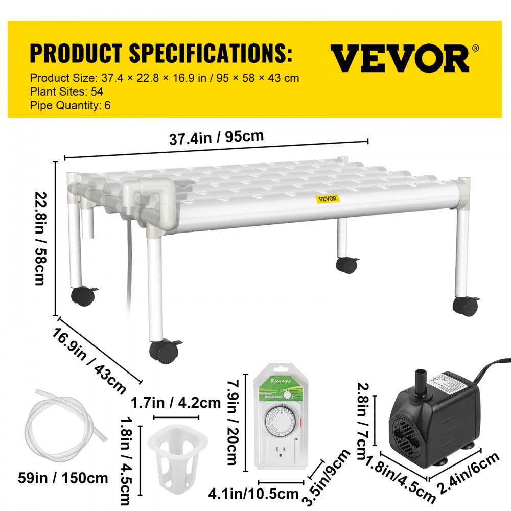 AMITOOLS Hydroponics Growing System, 54 Sites 6 Food-Grade PVC-U Pipes, 1 Layer Indoor Planting Kit with Water Pump, Timer, Nest Basket, Sponge for Fruits, Vegetables, Herb, White