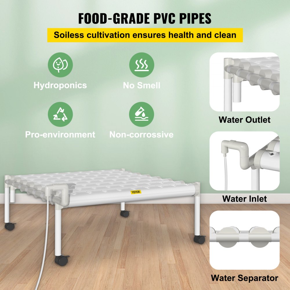 AMITOOLS Hydroponics Growing System, 72 Sites 8 Food-Grade PVC-U Pipes, 1 Layer Indoor Planting Kit with Water Pump, Timer, Nest Basket, Sponge for Fruits, Vegetables, Herb, White