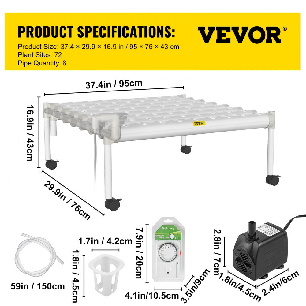 AMITOOLS Hydroponics Growing System, 72 Sites 8 Food-Grade PVC-U Pipes, 1 Layer Indoor Planting Kit with Water Pump, Timer, Nest Basket, Sponge for Fruits, Vegetables, Herb, White